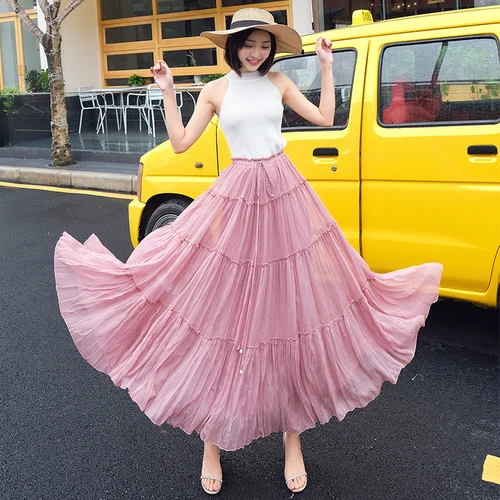

TingYiLi Long Maxi Skirts Womens Summer Holiday Beach Skirt Black White Red Pink Green Gray Blue Yellow Skirt Big Swing