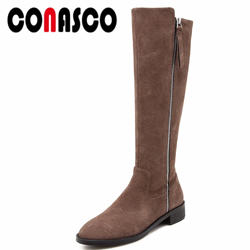 

CONASCO Fashion Women Knee High Boots Cow Suede Round Toe High Heels Shoes Autumn Winter Warm Casual Shoes Woman Long Boots