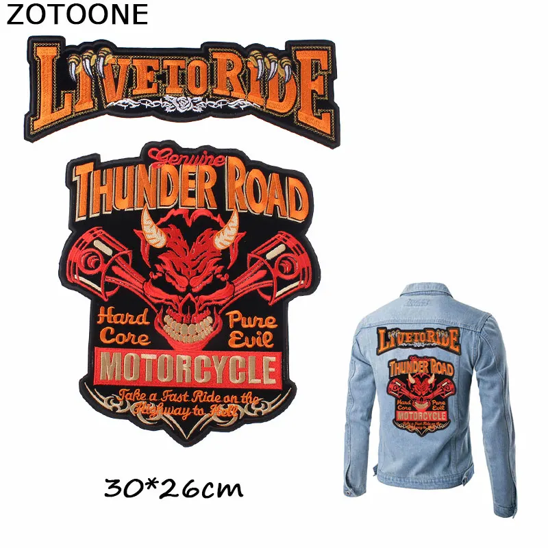 

ZOTOONE Cool Red Thunder Road Patches Iron on Embroidery on Clothes Large Skull Patches LIVE TO RIDE Custom Patch DIY Applique E