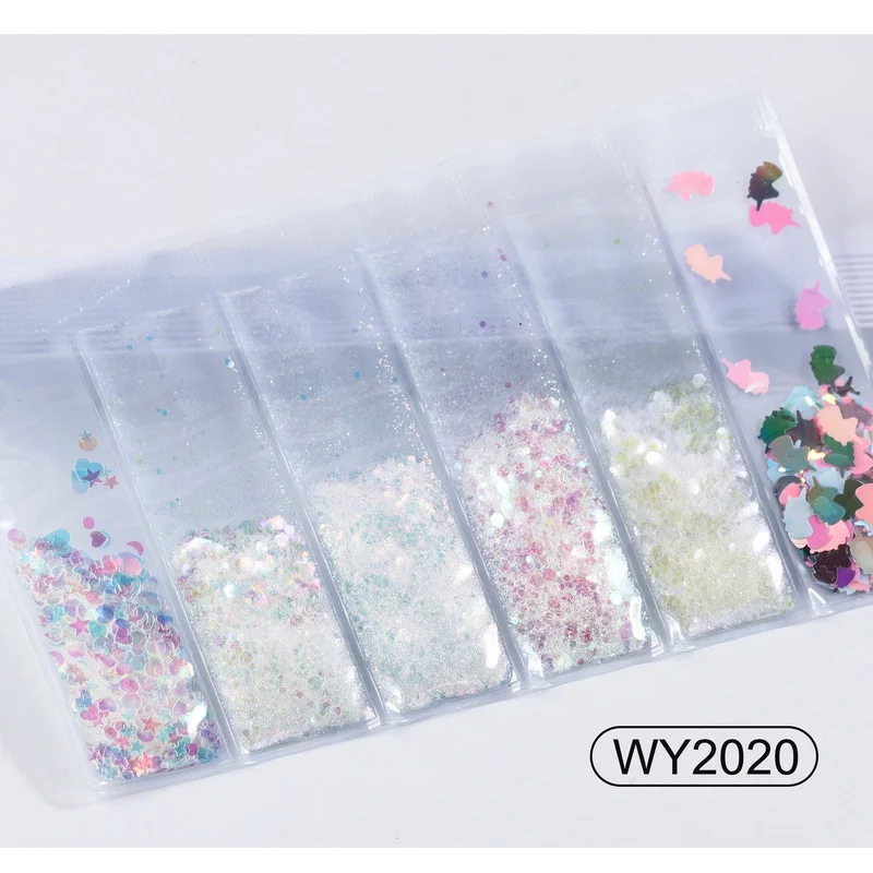 6 сеток/упаковка смешанные Блестки для ногтей порошок блестки красочные наклейки для ногтей 3d DIY Слайдеры для ногтей Пыль для украшения ногтей - Цвет: WY2020