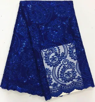 

5 Yards/pc Fashionable royal blue french net lace fabric with sequins flower pattern african mesh lace for clothes BN56-3