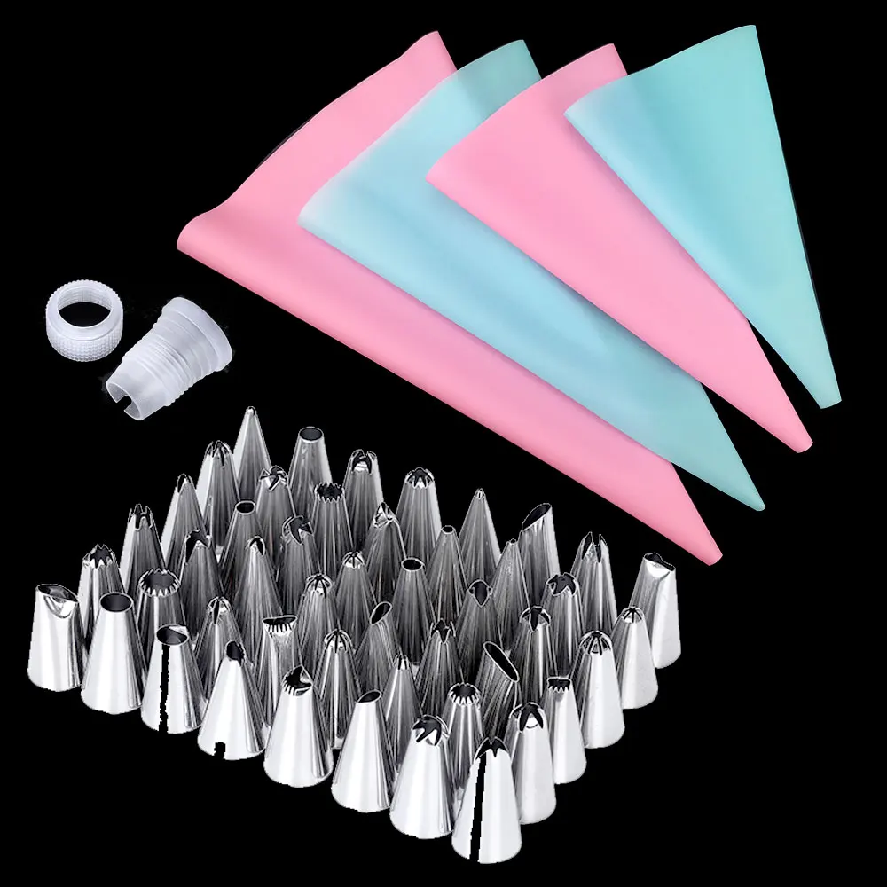 57PCSSet 4Size Silicone Icing Piping Cream Pastry Bag+48x Stainless Steel Nozzle Tips+5x Converter DIY Cake Decorating Tools (1)