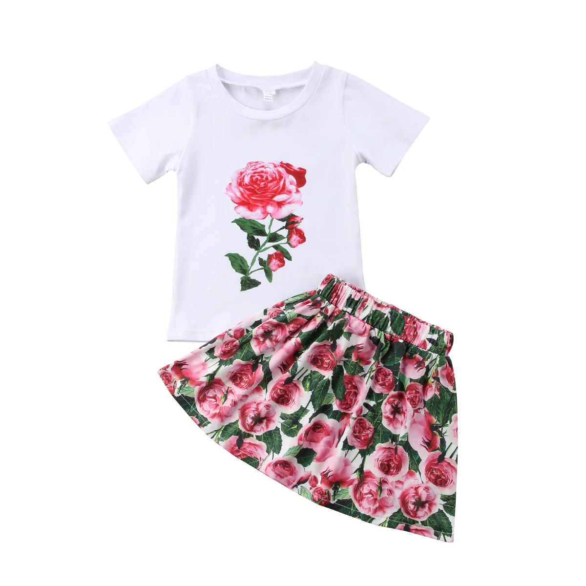 Для новорожденных, наряды Роза Top Изделие из хлопка с короткими рукавами футболка + юбка с цветочным рисунком 2 предмета в комплекте 2018 лето