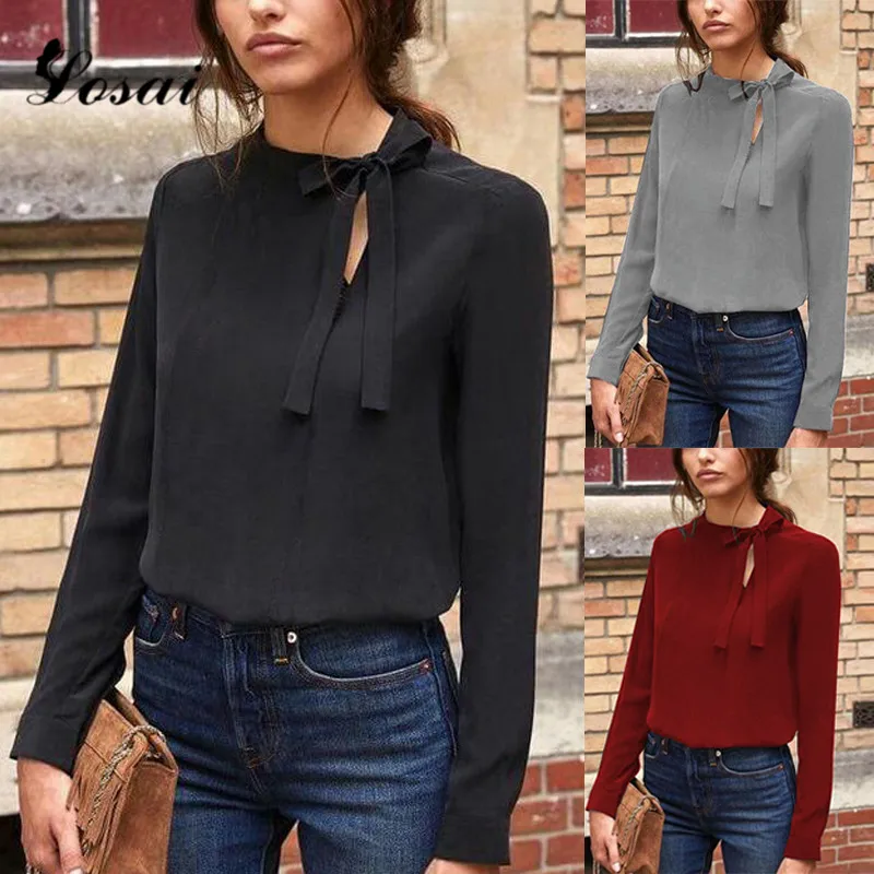 Women Shirts Bow Blouses Long Sleeve Blusa Feminina Plus