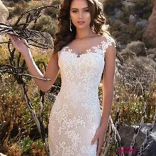 Свадебные платья в европейском стиле с коротким рукавом, кружевные Иллюзия Аппликации, винтажное свадебное платье W0484