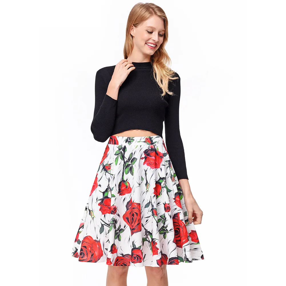 BLINGSTORY Retro Elegant Floral Printing Saia Elastic Waist Big Swing