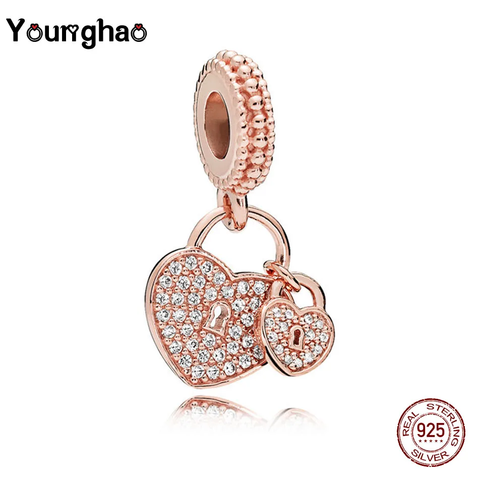 Younghao 925 sterling silver Rose Gold love locks Inlaid crystal Dangle Fits original Pandora Charm Bracelets DIY Jewelry | Украшения и