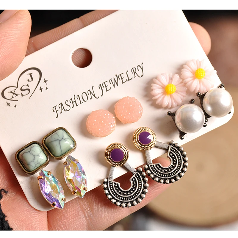 

Fashion women jewelry girl boy birthday party pearl ear nail green purple pink blend style 6 pairs/set ear ring free shipping