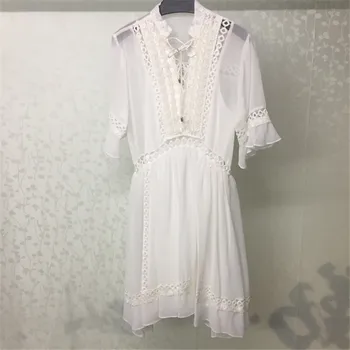 

Fashion Dress for Women V-neck Short Sleeve Silk Polyester High Quality Sweet White Dress for Lady 2018 New Women Dress