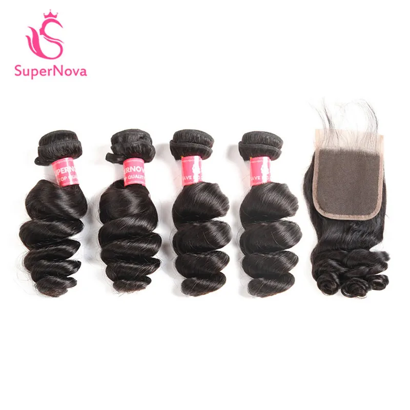 Supernova Hair 100% Human Bundles With Closure 4 Brazilian Loose Wave Weave Natural Black Remy Extension |