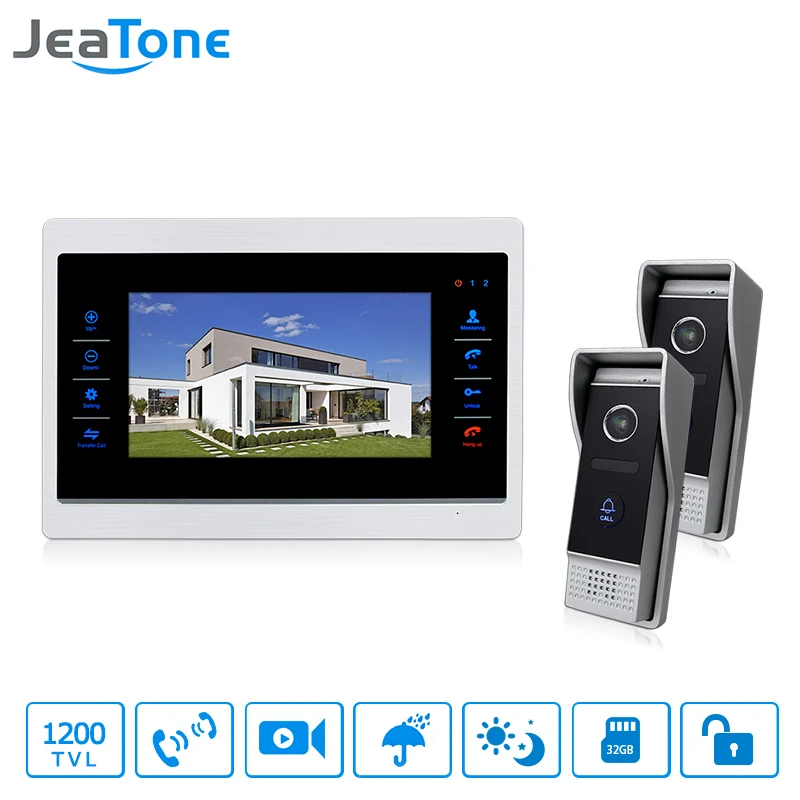 JeaTone Wired 7\ Door Intercom Video Door Phone System Hands-free 2 Cameras 1 Monitor Night Vision Home Intercom Security System