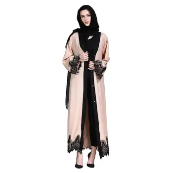 

2018 New fashion lace stitching long sleeve abaya dubai muslim dress islamic turkish clothing cardigan robe Musulmane a782