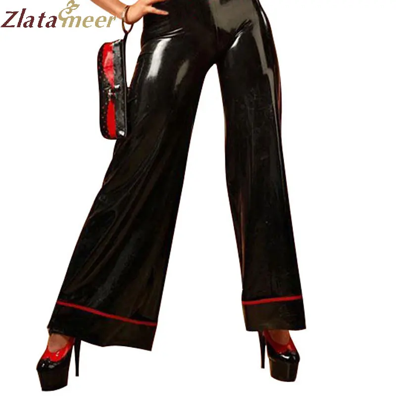 Women Casual Clothes Latex Trousers Black Rubber Leggings With Red Trim ...
