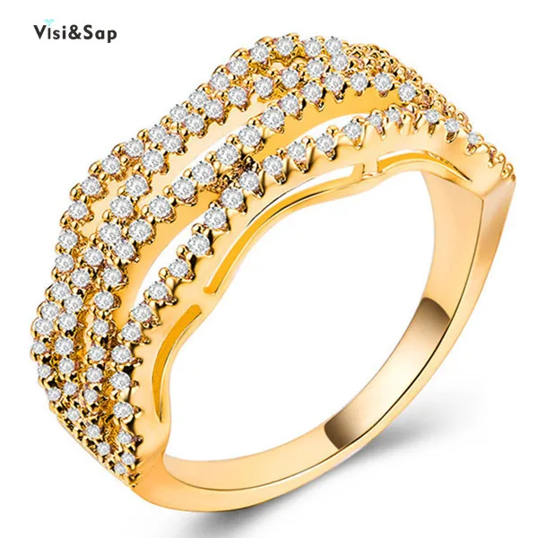 

Visisap Exaggerated Wave Lines Rings for Women Geometric Lady Zircon Ring Yellow Gold Color Anniversary Jewelry Wholesale B970