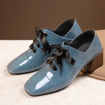 

GPOKHDS 2020 women Pumps cow leather autumn spring Rome style lace up blue color square toe high heels shoes size 42