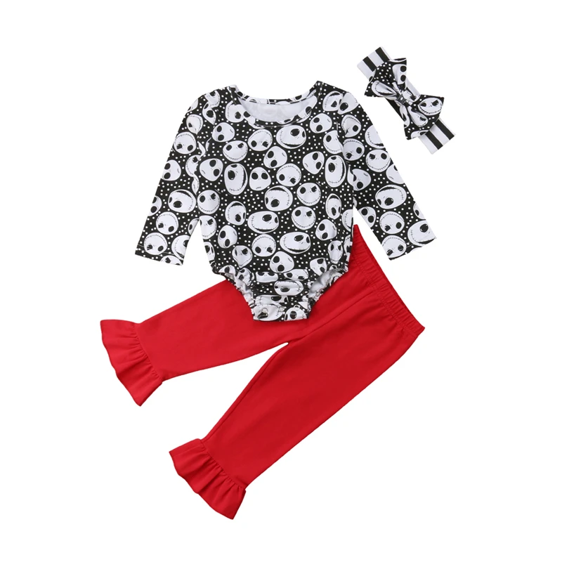 

3Pcs Newborn Baby Girl Skull Holloween Party Sunsuit Clothing Sets Toddler Kids Girls Summer Romper Bodysuit Long Pants Clothes