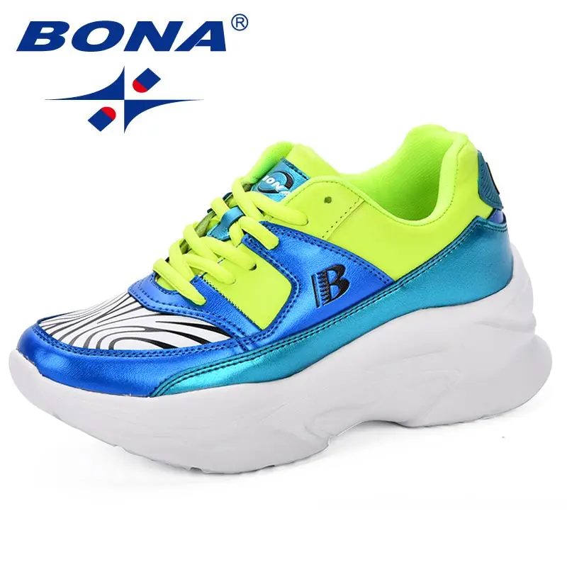 BONA/Новинка; дизайнерская женская обувь для бега; уличная спортивная обувь на танкетке; обувь на платформе; женские кроссовки для отдыха; женская модная обувь - Цвет: BLUEFLUYELLOWEMERALD