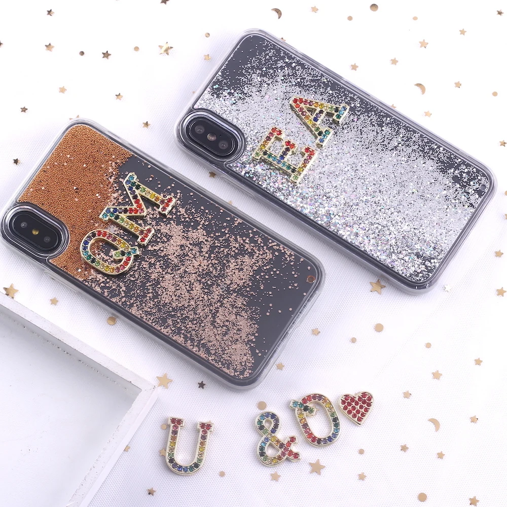 

Initials Customized Float Glitter Sparkle Rhinestone Diamonds Crystal Metal Phone Case For iPhone XS Max 7 7Plus 8 8Plus X XR
