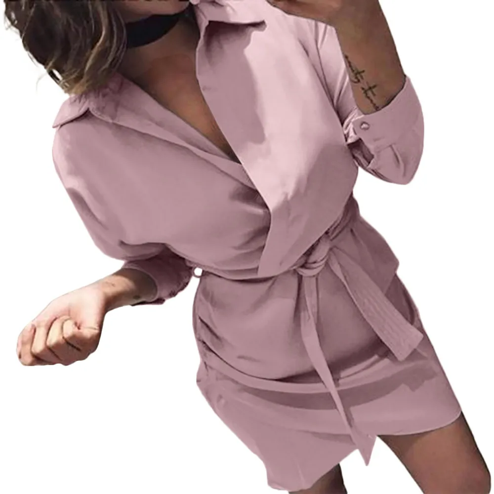 

CHAMSGEND Shirt Summer Dress Women Autumn Dress Long Sleeve Turn-Down Collar T Shirt Dress 4 Colour Casual Mini Office Dress