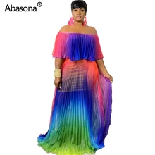 Abasona, гофрированное шифоновое женское летнее пляжное платье, бохо, Радужное, с принтом, большое, свободное, без бретелек, плиссированное, длинное, миди, макси платье