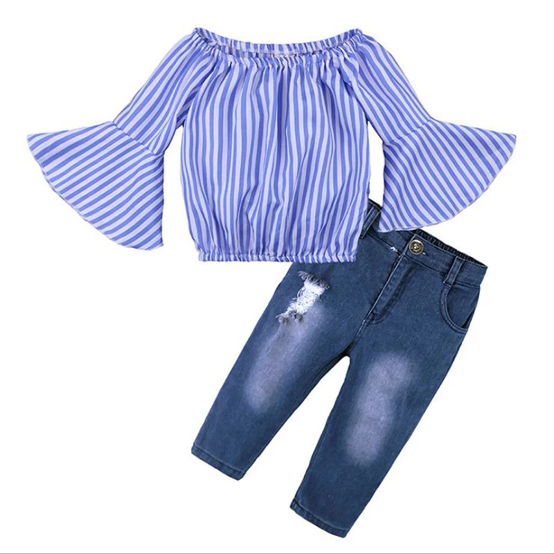 summer tops girls clothes set blue white stripe off shoulder flare sleeves T-shirt+Ripped Jeans casual style children suits