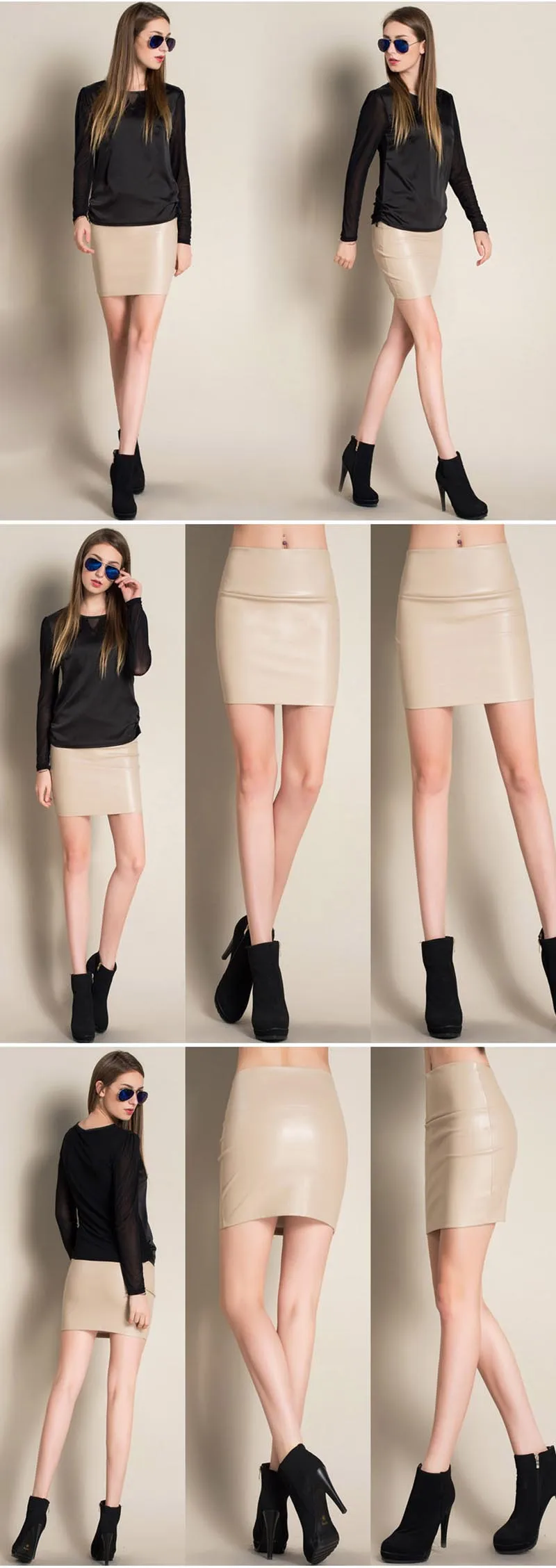 New Short Faux Leather Skirts Women Sexy Slim Thin Package Hip High Waist Pencil Skirt Silver Gray Black Plus Size