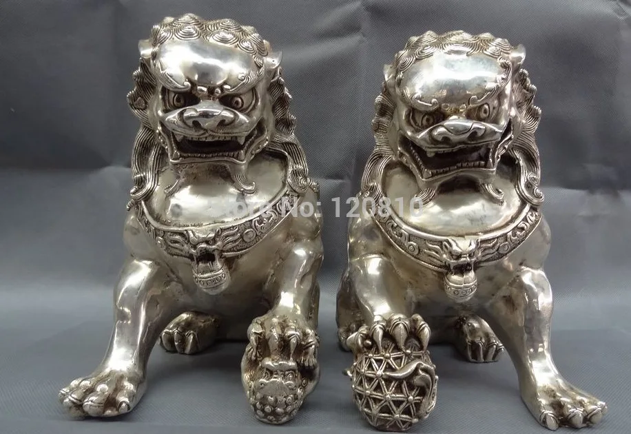 

10" Chinese Silver Treasure Fu Dog Brass FengShui Lion Ball Statue Animals Pair