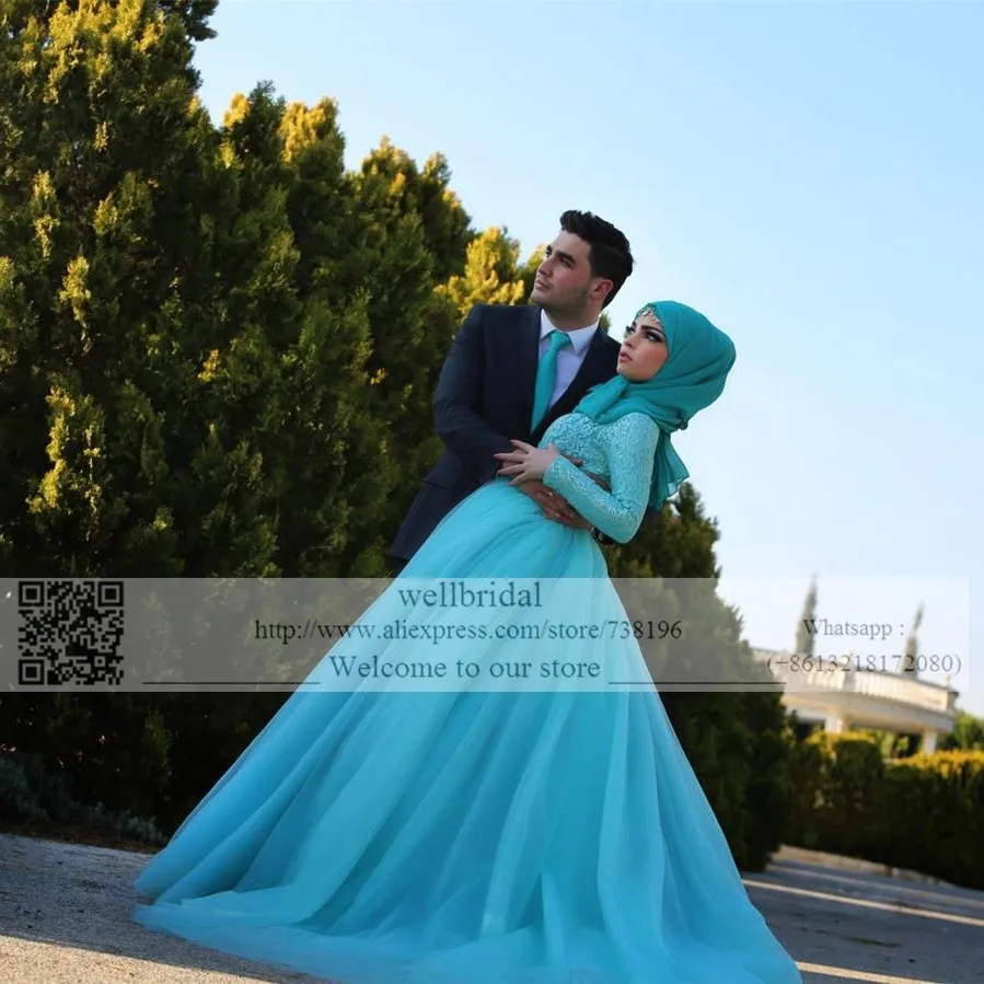 2016 Arabic Kaftan Muslim font b Hijab b font Long Sleeve Lace waist with Crystal Blue