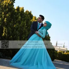 2016 Arabic Kaftan Muslim Hijab Long Sleeve Lace waist with Crystal Blue Wedding Dresses Bridal Wedding Dress Latest Fashion