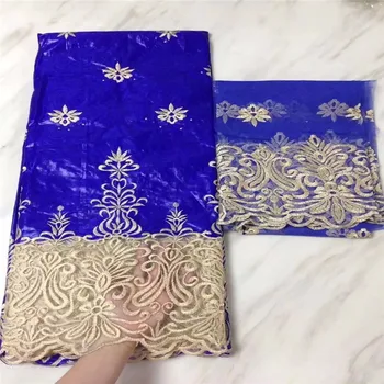 

White Gold 2018 Latest African Stones Bazin Brocade Lace Fabric 7 Yards With French Lace Embroidery Bazin Riche Getzner Fabric