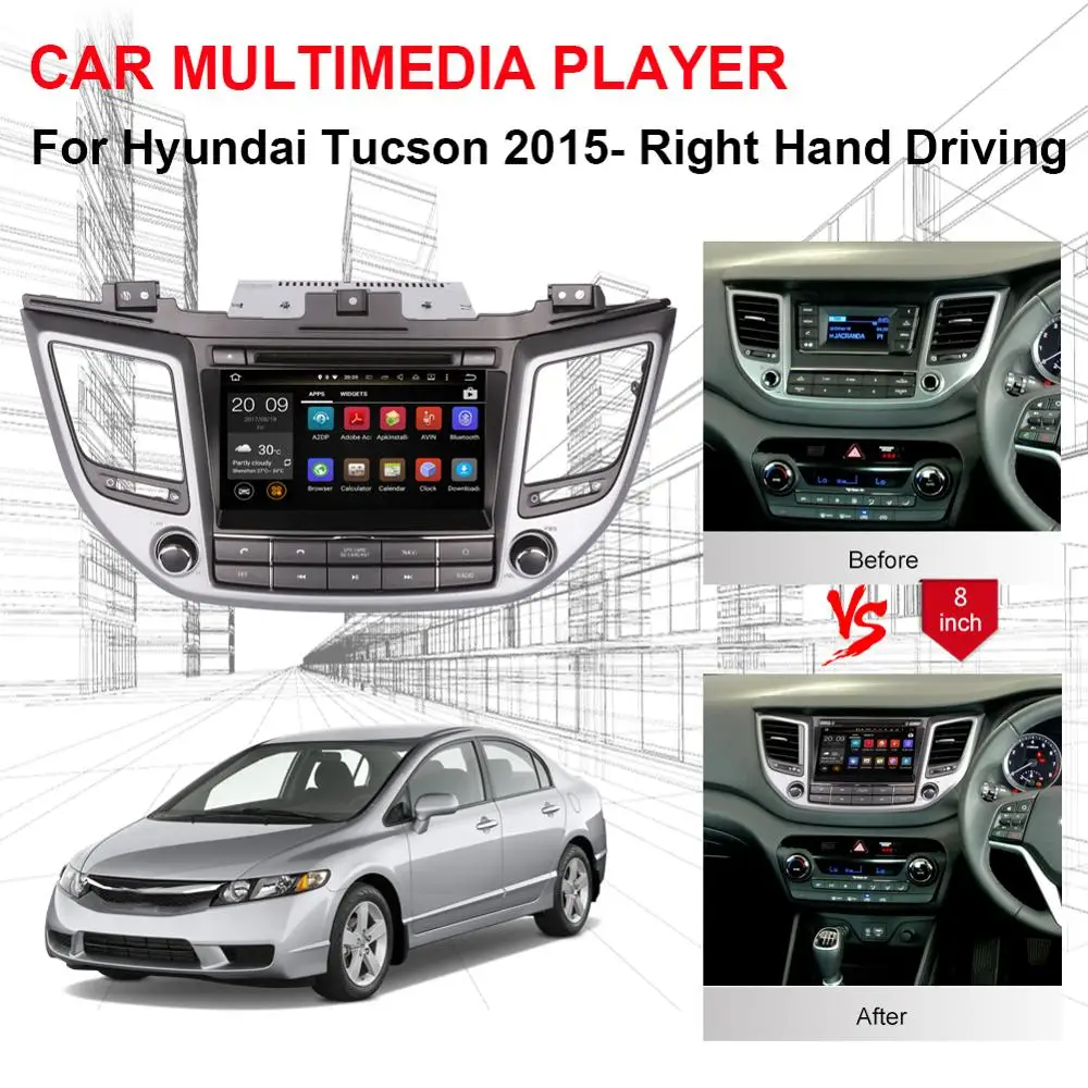 Excellent 8 Inch Android 8.0 Octa Core 4GB+32GB Car CD DVD Player For Hyundai Tucson IX35 2015- Right Hand Driving GPS Navigation WIFI SD 3