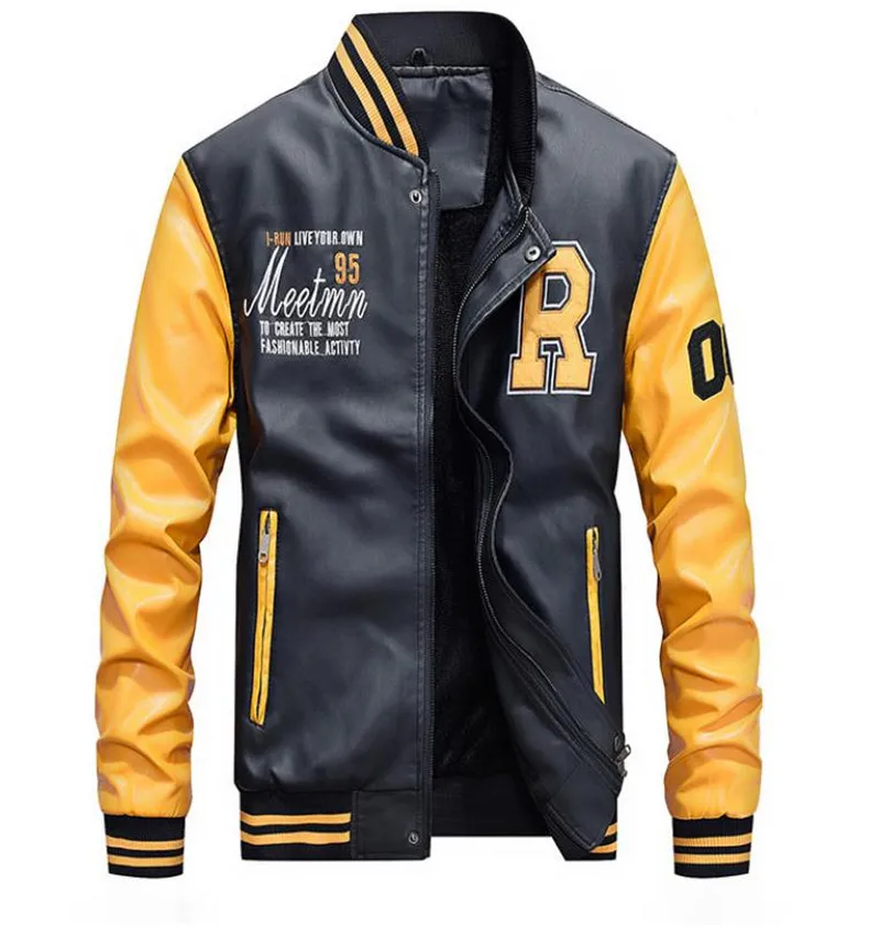 

Men Baseball Jacket Embroidered Leather Pu Coats Slim Fit College Fleece Luxury Pilot Jackets Men's Stand Collar Top Jacket Coat