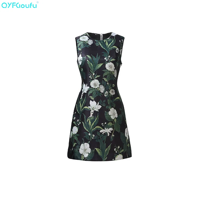 

QYFCIOUFU Fashion Designer Runway Animal Dress Women's Sleeveless Sequin Beading Jacquard Floral Print Vintage Casual Dress