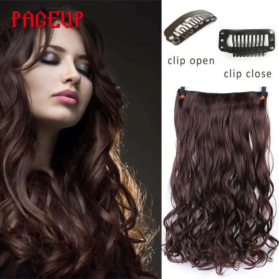 Pageup 24 Inch Long Sizes Wavy 5 Clip In Hair Extensions Clips High Temperature Fiber Various Color Synthetic Fake Hair Pieces