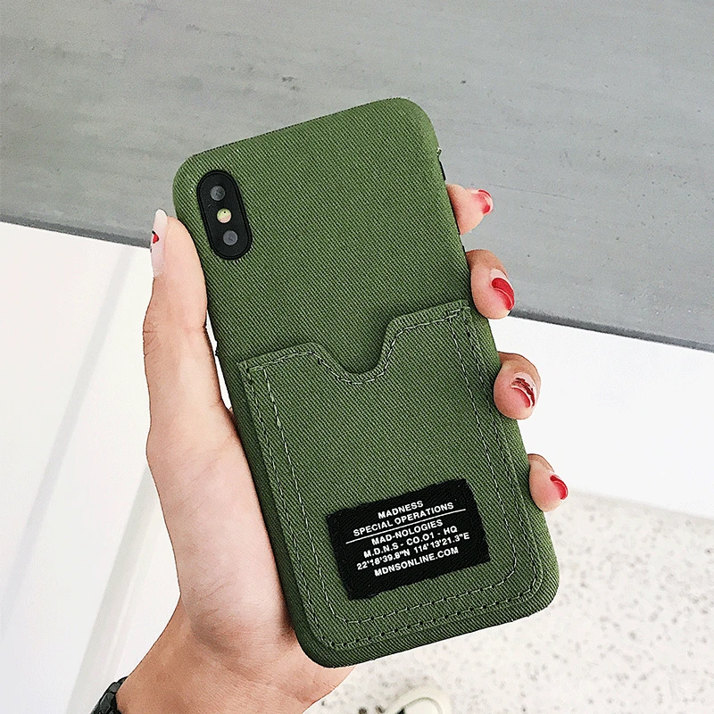 

Hard PC with Fabric Back Cover for Iphone 7 Case with Card Pocket Slot Back Shell Coque for Iphone 8 6 6s Plus X Fitted Cases