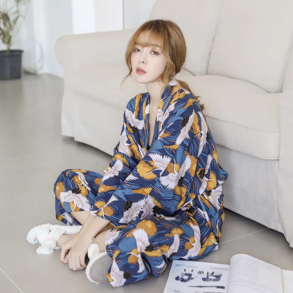 

Pyjamas Sets Woman Full Elegant Home Wear Sleep Clothing Female Pajamas Suit Autumn Crane Animal Print Japanese Kimono Straps