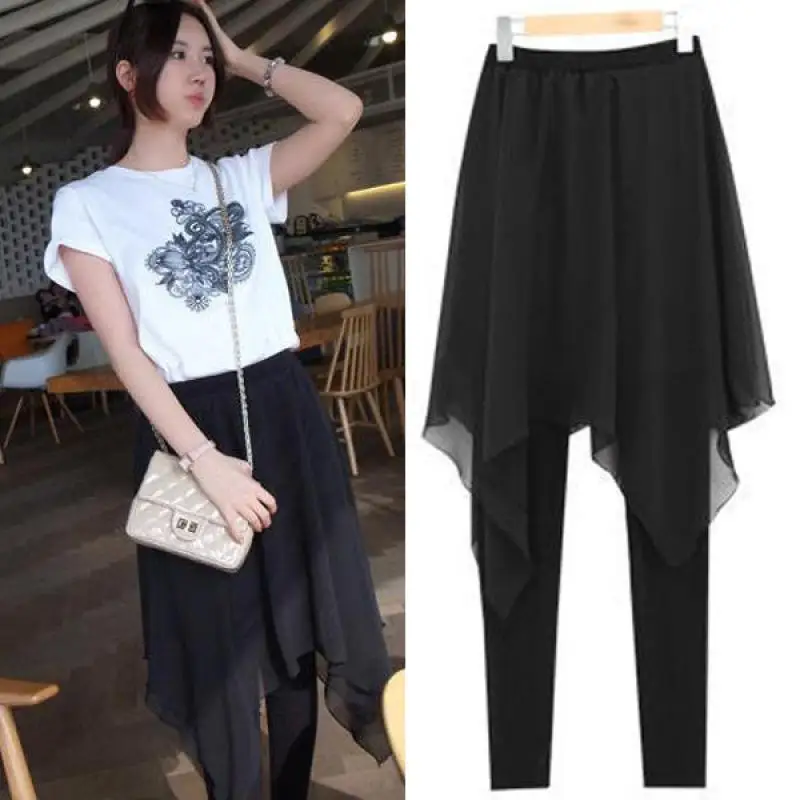 

2019 New Spring And Summer Women's Korean Irregular Chiffon Skirt Backing False Two Xl Slim Skirt Leggings Free Shipping