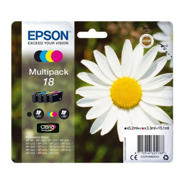 

Epson Multipack 4-colours 18 Claria Home Ink, Negro, Cian, Magenta, Amarillo, Epson, XP-30/ XP-102/ XP-202/ XP-205/ XP-212/ XP-2