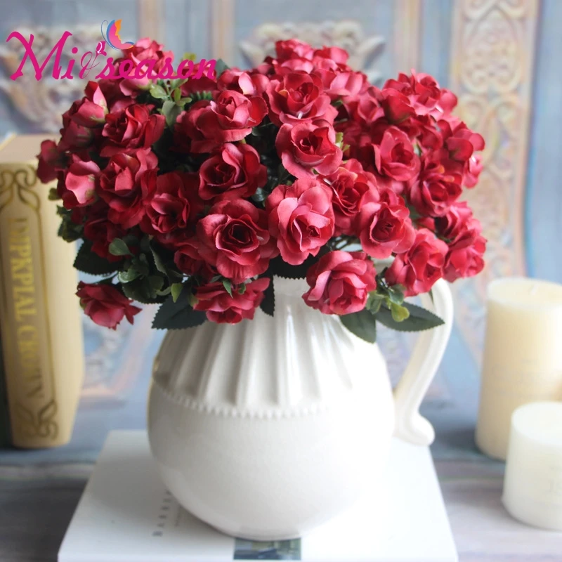 

Miiseason 1PCS Autumn European Style Silk Small Rose Flower 5 branches Bouquet Artificial Mini Rose Home Table Decoration