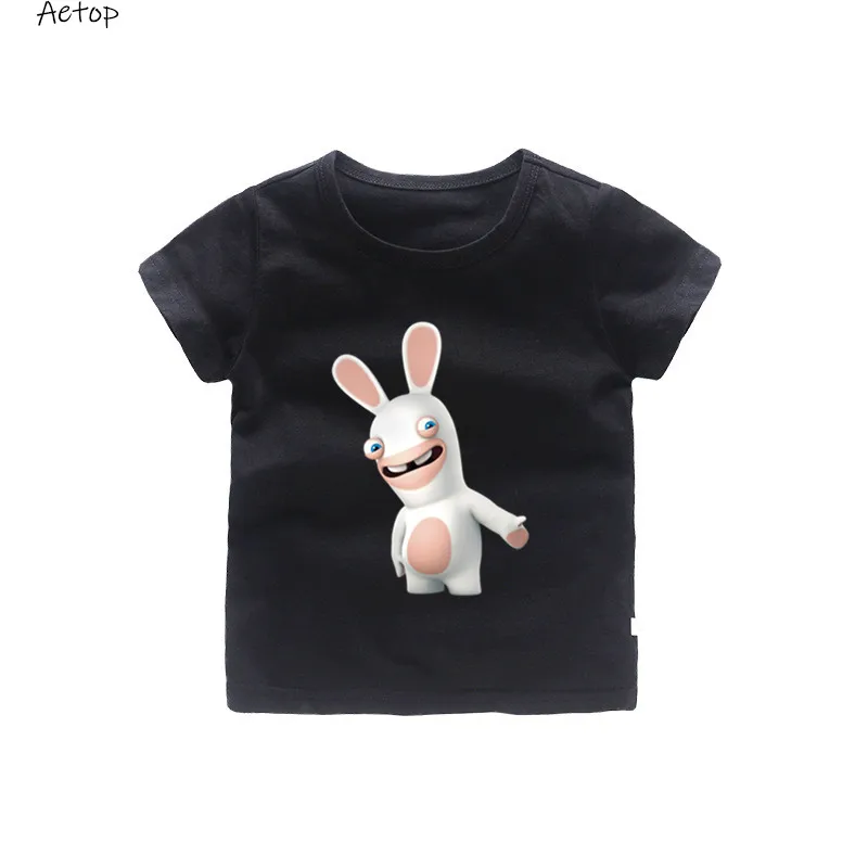 С изображением мультипликационных персонажей для детей Raving Rabbids футболка с принтом для мальчиков и девочек Бешеные кролики забавная футболка Для детей, на лето топы, b076 - Цвет: black 1