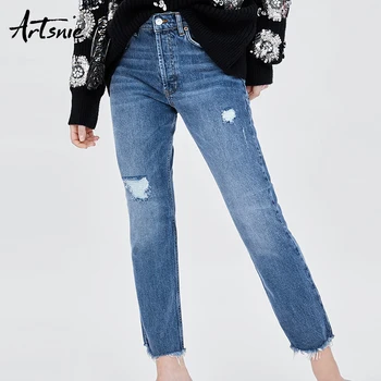 

Artsnie Blue Casual Streetwear Denim Pants Women High Waist Hole Ripped Double Pockets Boyfriend Jeans Mujer Spring 2019 Pants