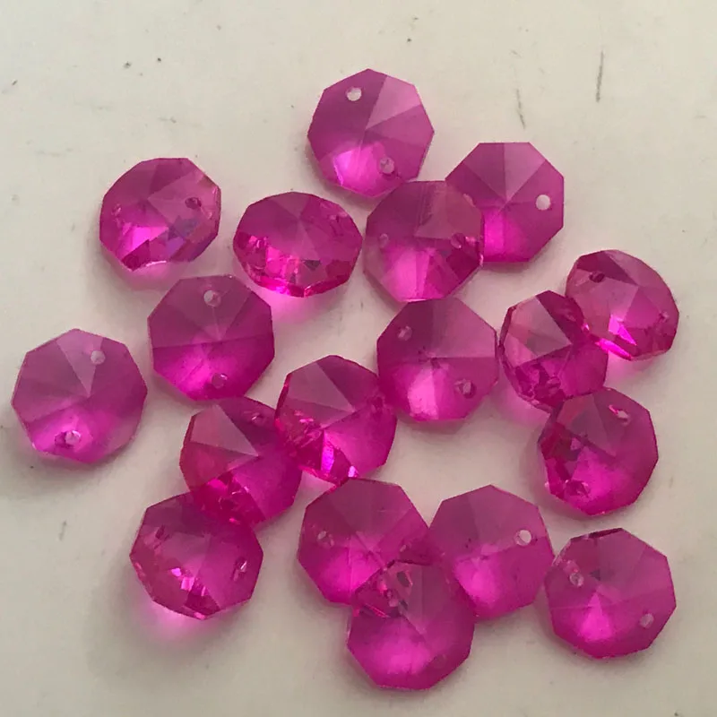 

100PCS 2 Hole 14mm Rose Red Crystal Glass Octagon Beads Chandelier Crystals Bead Prism Parts