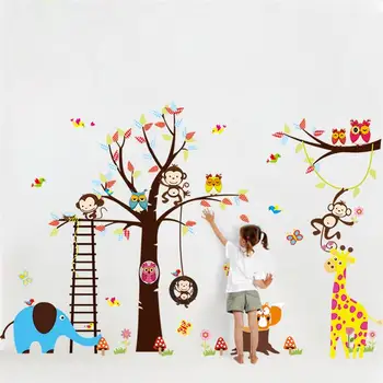 

Cartoon Large Tree Animals Wall Sticker For Kids Room Decoration Monkey Owl Zoo Diy Home Decal Mural Art Children Baby Gift