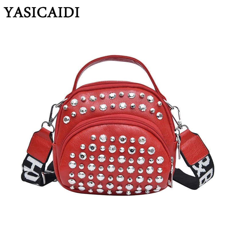 

YASICAIDI 2019 Luxury Leather Wide Shoulder Strap Handbag Rivet PU Women Clutch Messenger Bags Lady Crossbody Bag sac main femme
