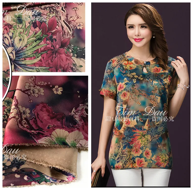 

150cm heavy stretch fabric high imitation silk cheongsam fabric retro digital print dress kimono fabric material wholesale cloth