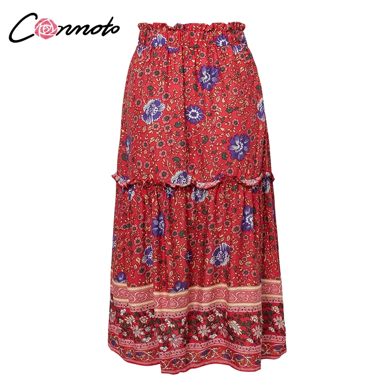 Conmoto оборками кисточкой Цветочный для женщин юбки для Высокая талия Повседневная юбка средней длины свободные богемные 2019