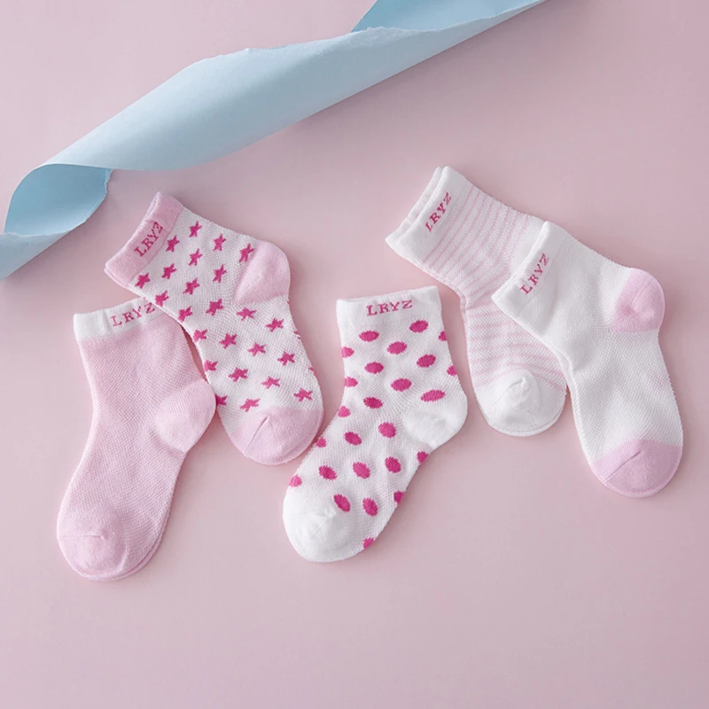 5 пар, хлопковые носки для малышей, носки-тапочки для новорожденных, носки для мальчиков и девочек, носки в полоску со звездами и в горошек, детские летние короткие носки в сетку