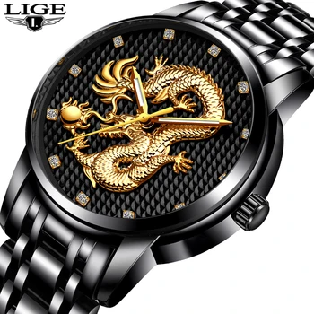 

Men Watches Top Brand LIGE Luxury Gold Dragon Sculpture Quartz Watch Men Full Steel Waterproof Wristwatch relogio masculino