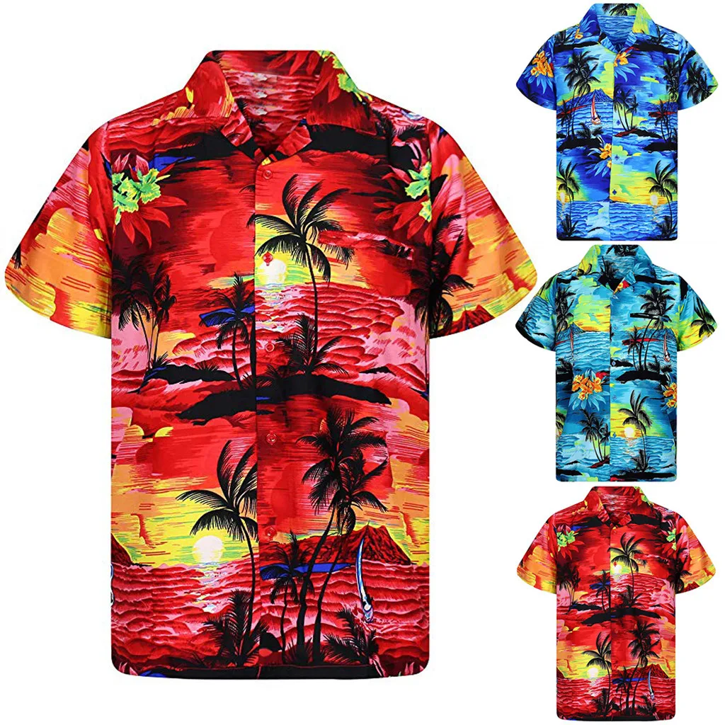 Рубашки мужские Летние Гавайские трендовые рубашки с коротким рукавом и отложным воротником мужские топы Boho пляжные праздничные