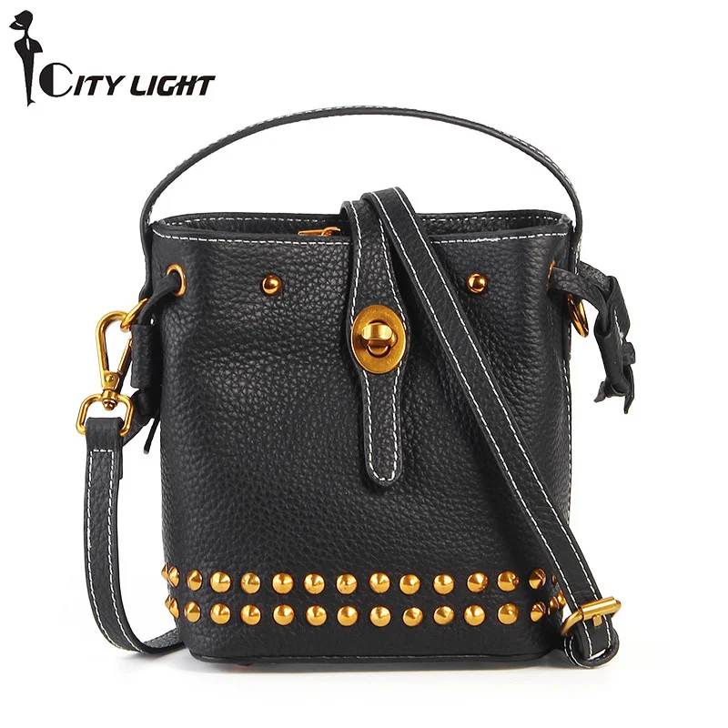 

New Fashion women mini messenger bags bucket rivets genuine leather women Crossbody shoulder bags Small Handbag